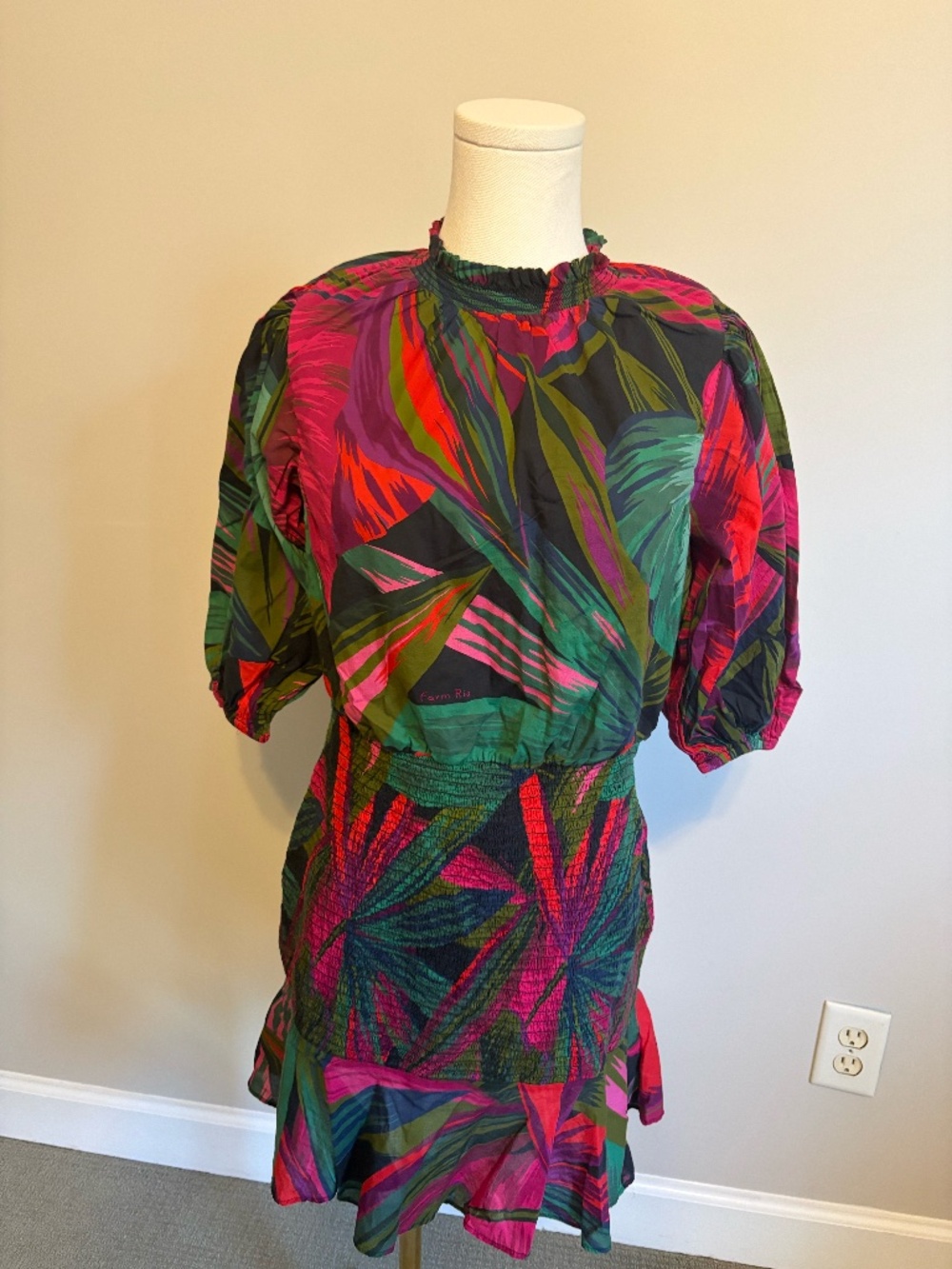 FARM Rio Tropical Palm Print Smocked Mini Dress Puff Sleeve XS